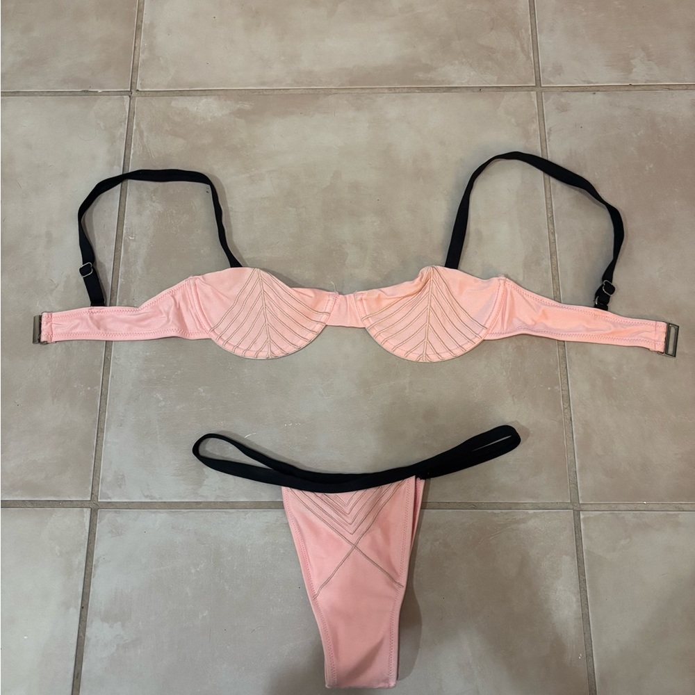 With Jean Pink and Black Bikini